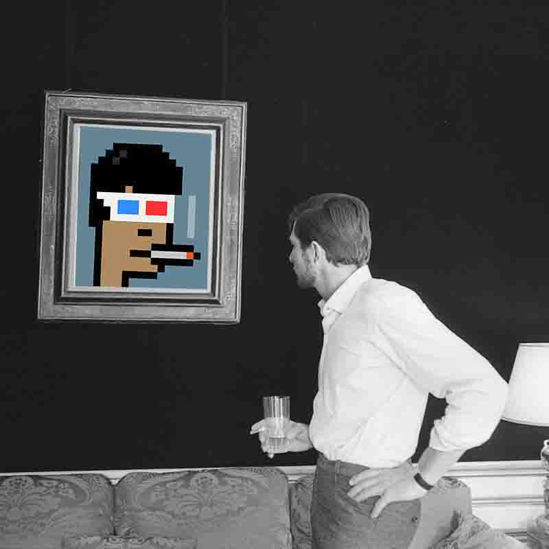 A black and white photograph featuring a man standing in profile, holding a glass and looking toward a framed picture hanging on a dark wall. The framed artwork is a colorful digital pixel art portrait (CryptoPunk #6046) depicting a character with dark hair, 3D glasses, and a cigarette against a blue background, creating a stark contrast with the classic interior setting.