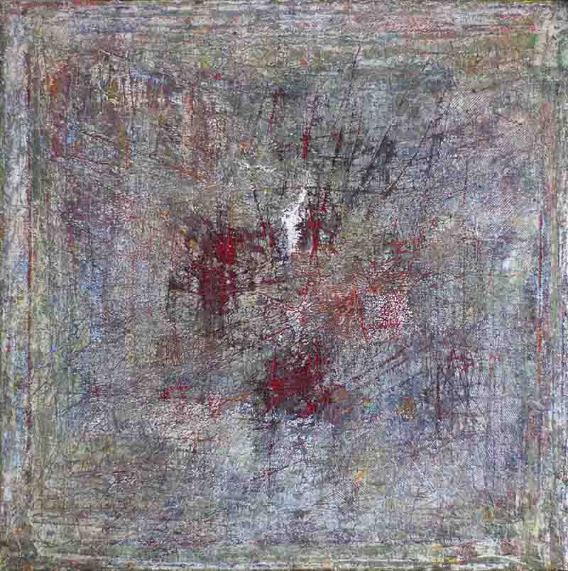 Abstract mixed-media painting by Jans Bock-Schroeder featuring a heavily textured, square canvas with a chaotic cross-hatching technique. The color palette blends muted greys, blues, and earth tones with striking, central bursts of deep crimson red and stark white impasto accents.
