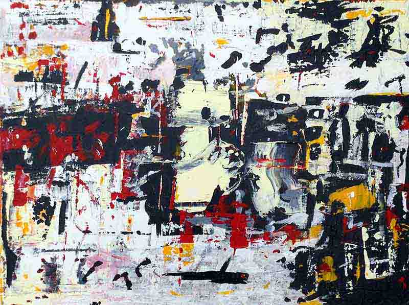 An abstract expressive acrylic painting by Jans Bock-Schroeder with heavy textures, dominated by splatters and blocks of black, stark red, energetic yellow, and a layered off-white background.