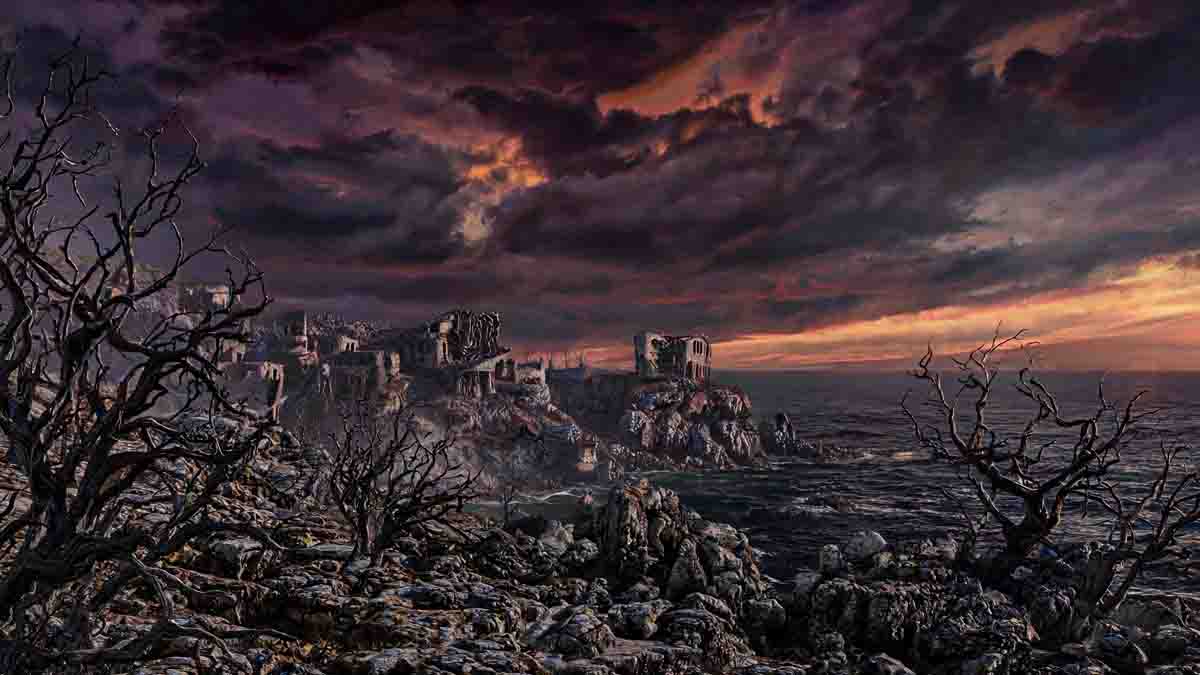 Dark digital artwork of crumbling stone ruins on a rocky coastal cliff side overlooking a stormy sea under a dramatic, fiery sunset sky with gnarled bare trees in the foreground.
