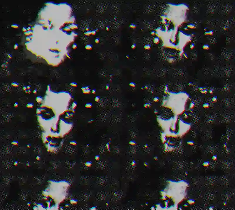 A stylized wall art print by multimedia artist LIKEWOLF featuring a repeating grid of a person's face with high-contrast, glitch-art digital effects.